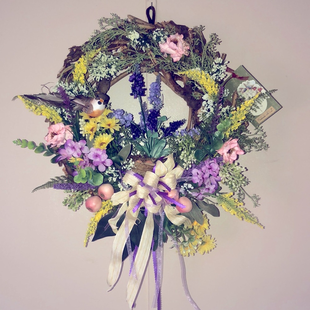 “Anna’s Song”Seasonal Wreath Real Vines Bird & flowers